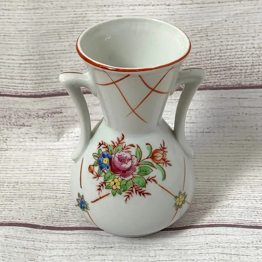Vintage Japanese Double Handle Ceramic Vase Floral Motif Art Deco 4 5/8